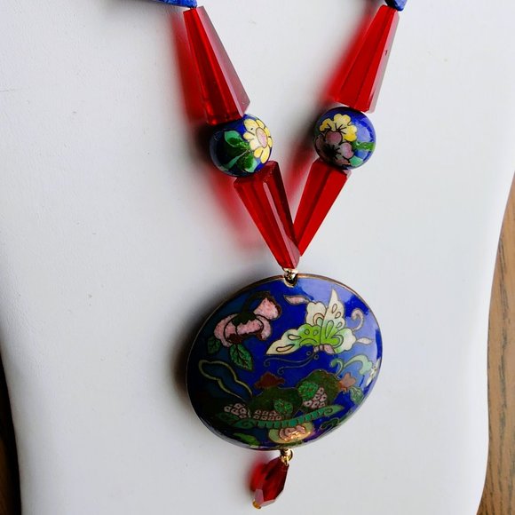One of a Kind Necklace Vintage-Made Cloisonne, Brazilian Sodalite, Ruby Glass - Picture 2 of 3